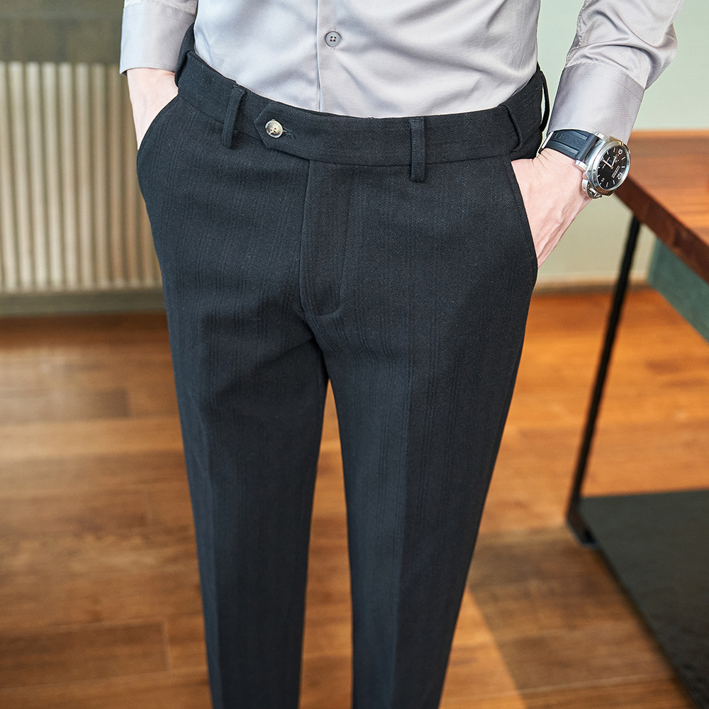 Pantalones de lana de espiga de una sola pieza entrega de otoño e invierno engrosados pantalones delgados de negocios cepillados pantalones de traje pequeño hombres
