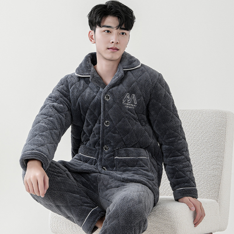 冬季男睡衣珊瑚绒加绒加厚直播棉袄长袖套装三层夹棉保暖冬家居服