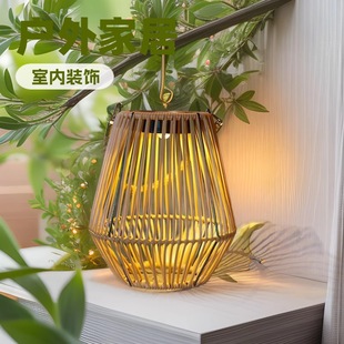 Solar Light Outdoor Rattan Bamboo Hanging Light Courtyard Decoration Retro Garden Balcony Atmosphere Light Portable Lantern