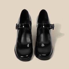 2024 new Mary Jane shoes for women, retro British style Hepburn black high-heeled buckle, thick heel square toe single shoes for women