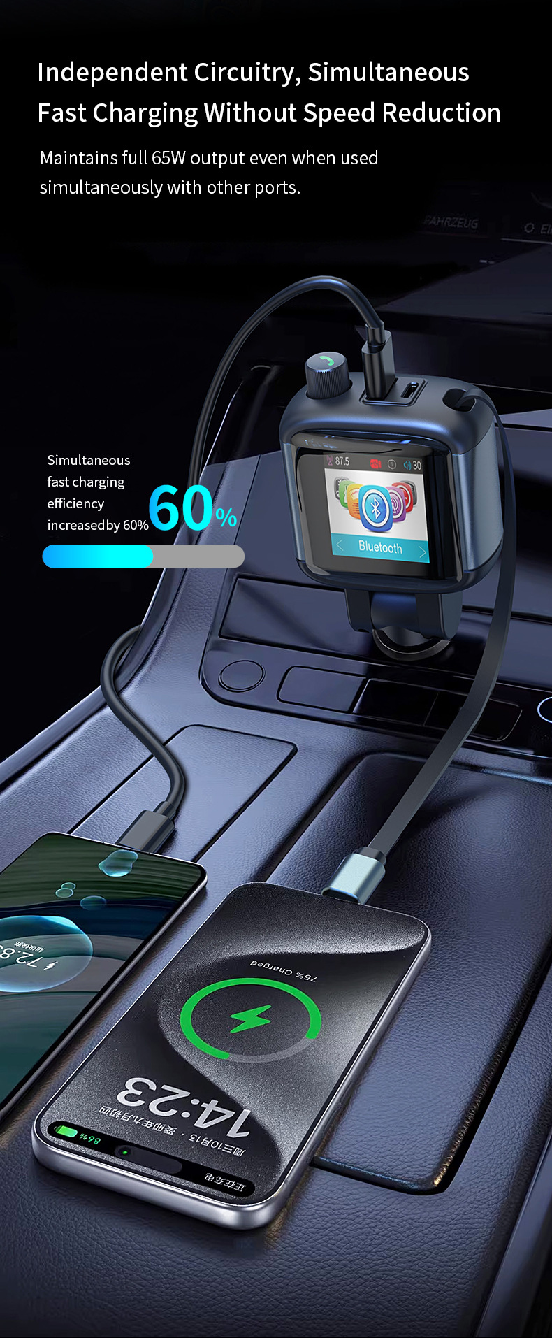 Car-mounted color display screen Bluetooth FM transmitter hands-free calling PD65W fast charging charger MP3 player