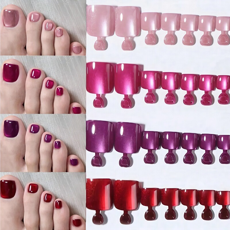 High-End 4-Color Cat-Eye Toenails Burgundy Rose Pink Cat-Eye 96-Piece Toe Nail Set