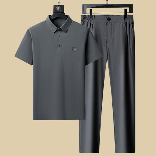 Dad's Middle-aged Men's Traceless Ice Silk Polo Shirt Quick-drying Short-sleeved Thin Summer Sports suit for Middle-aged and Elderly