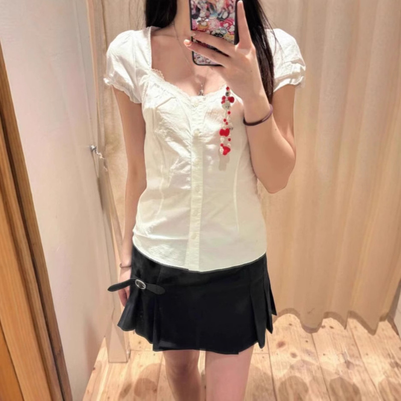 BM Style White Lace Bubble Sleeve Short-sleeved Shirt Top Women's Bm Korean Style Super Nice Waisted Short Shirt