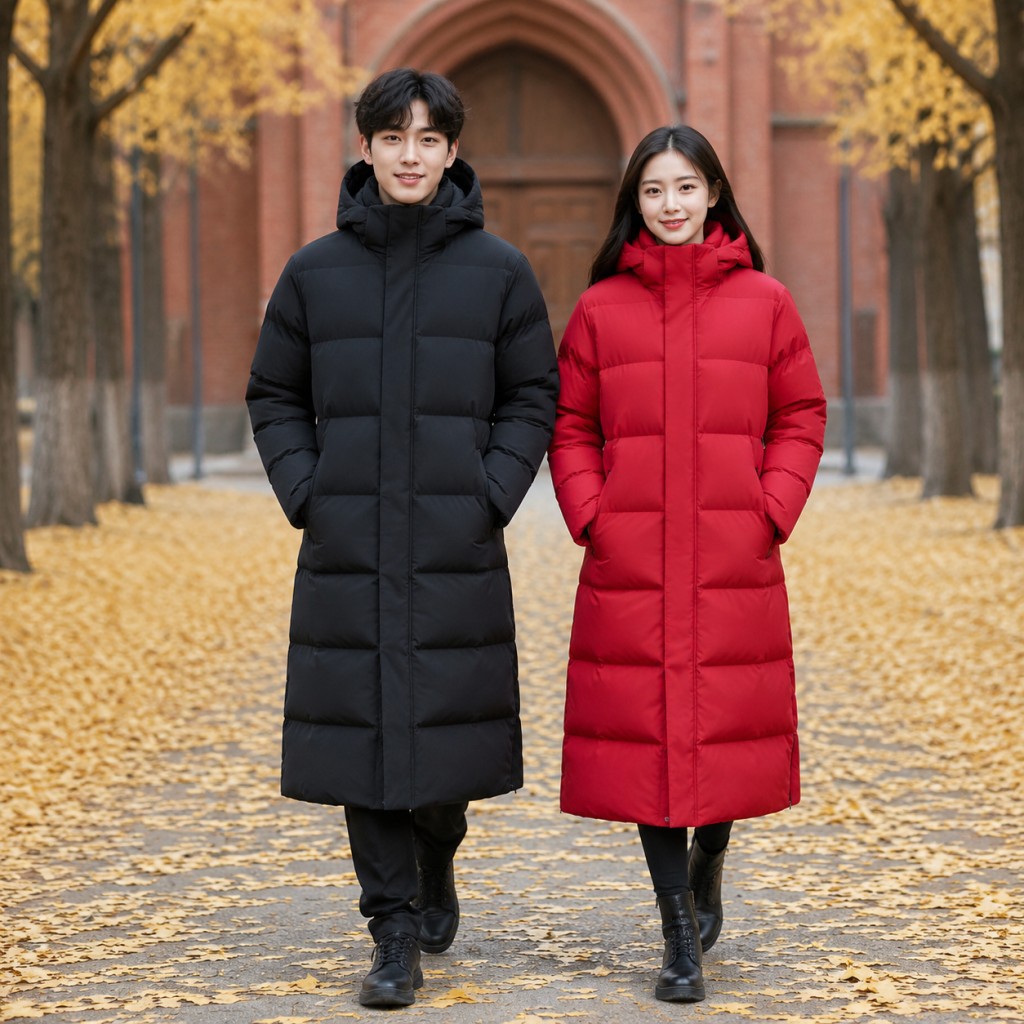 Winter long over-the-knee cotton workwear with custom logo, fleece-lined warm cotton coat, group workwear, art school down jacket