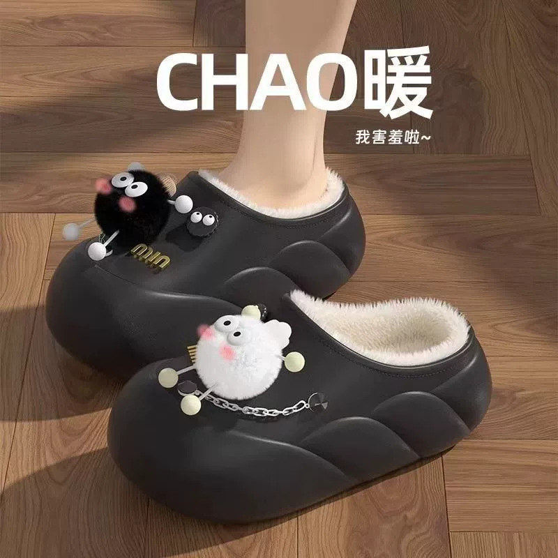 Мультяшные водонепроницаемые хлопчатобумажные тапочки с толстой подошной женской зимой