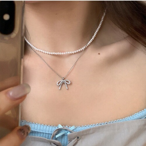S925 silver plated 14K gold bow pendant necklace zircon light luxury niche design clavicle chain temperament necklace