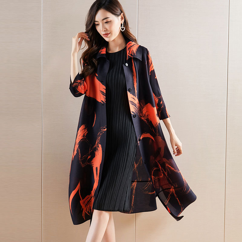 New Chinese Style Coat Coat Women's Spring Summer Autumn 1688 Miyake Printed Elegant Long Pleated Polo Cardigan dress