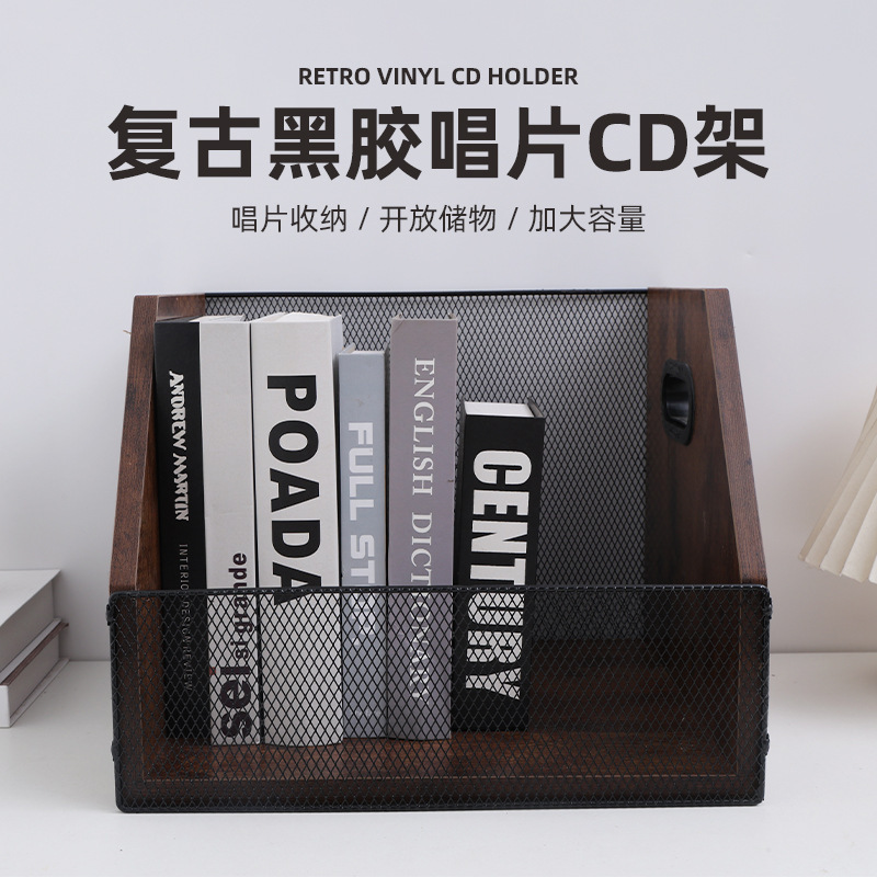 Wooden Vinyl Record Rack Iron Desktop Table Record Storage Rack Retro Country Style CD Vinyl Record Rack