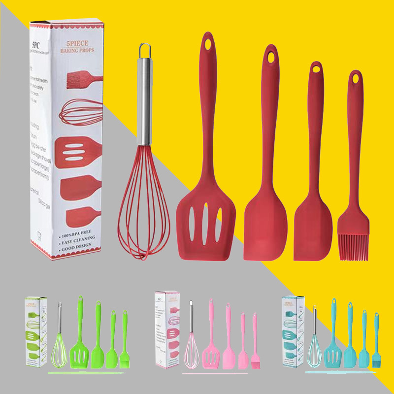 Juego de utensilios de cocina de silicona (5 piezas), espátula, brocha, batidor, grado alimenticio