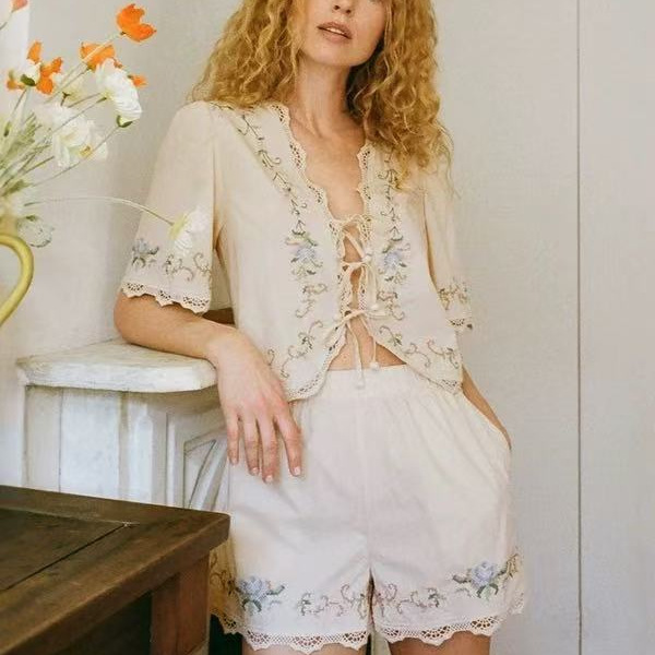 Sa American Suit Flower Cross-Stitch Lace Lace Short-Sleeved Shirt New Chinoiserie Embroidered Shorts Suit Sa American Suit Flower Cross-Stitch Lace Lace Short-Sleeved Shirt New Chinoiserie Embroidered Shorts Suit