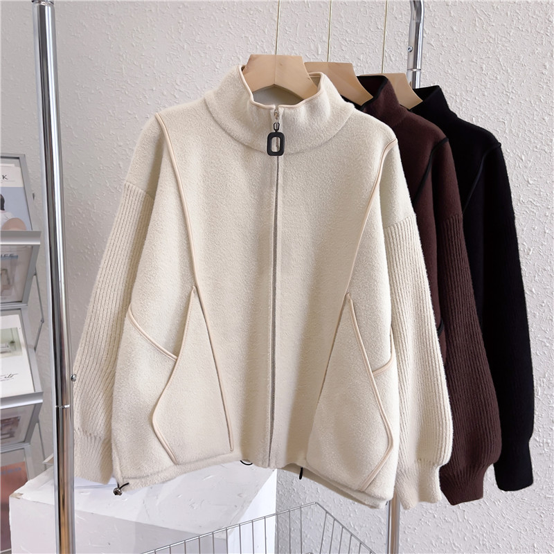 Faux double-sided woolen knitted jacket for women, 2023 autumn new style zipper baseball jacket, short, loose, thick and large cardigan pic 16