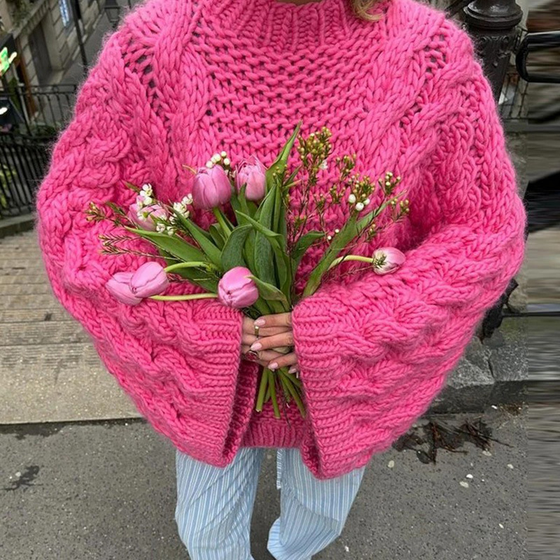 Damenbekleidung, modisches Temperament, Rundhalsausschnitt, Trompetenärmel, Strickpullover, lockeres, vielseitiges Oberteil_voghion.com