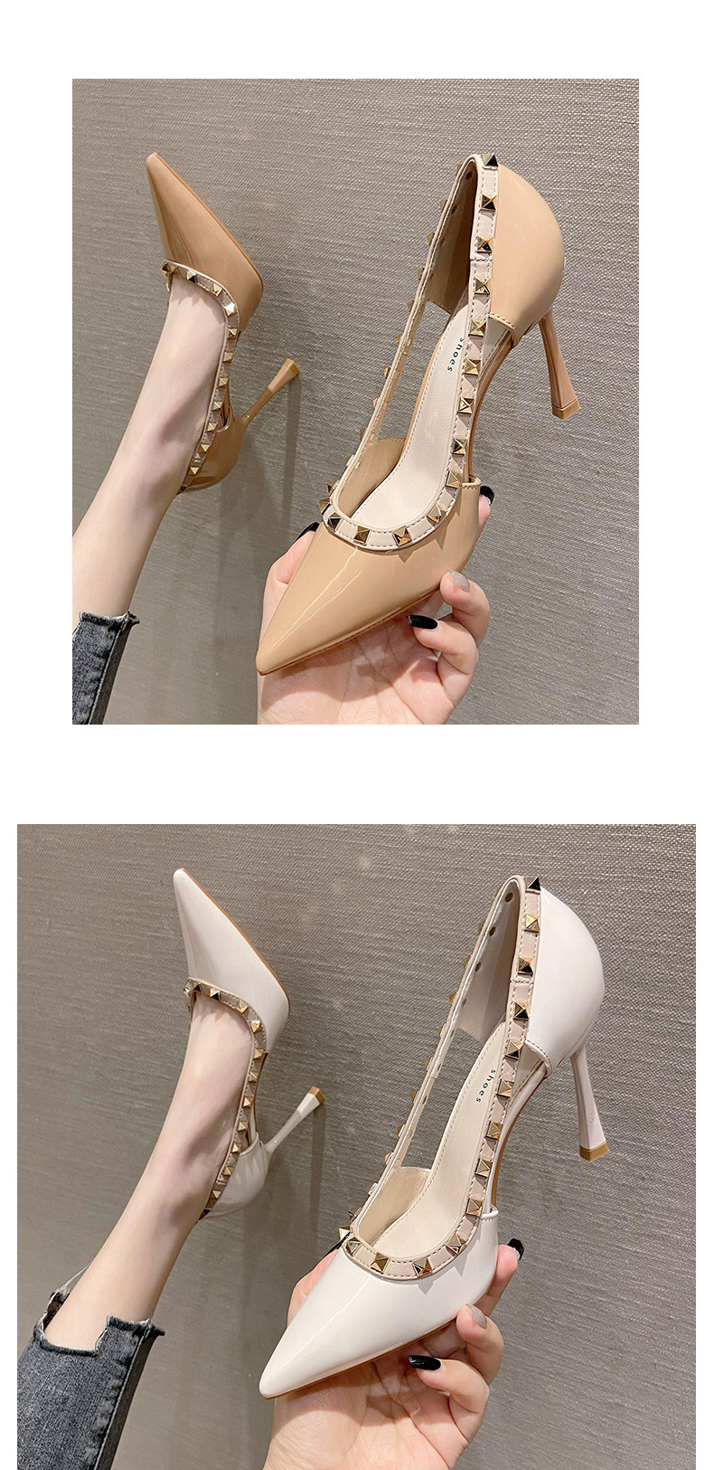 Sandal cao gót mũi nhọn gợi cảm kiểu Pháp, gót 9 cm — Màu trắng gạo 9CM chi tiết 8