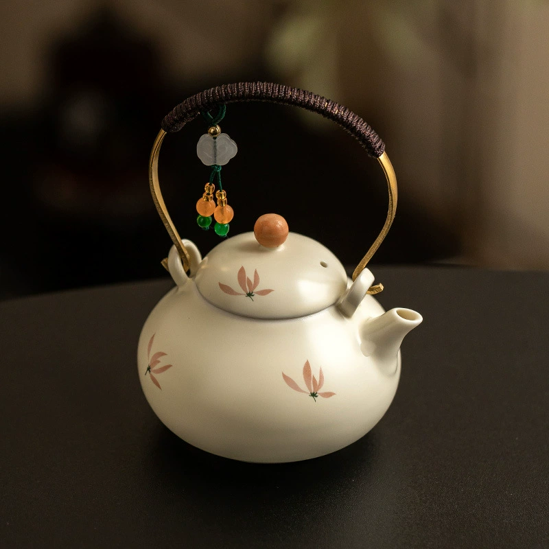 Ceramic Teapot, Orchid Pattern, 132 ml, Beige-Pink Gift Option