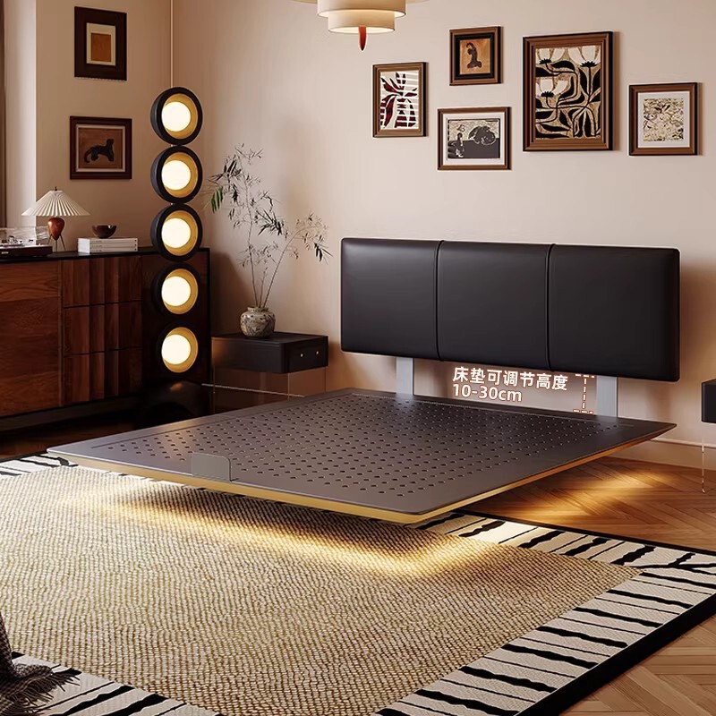 Carbon Steel Floating Bed with Ultra-Thin Headboard, Italian Minimalist Style, Double Bed for Small Apartments, Master Bedroom, Soft Genuine Leather, Adjustable Iron Bed Carbon Steel Floating Bed with Ultra-Thin Headboard, Italian Minimalist Style, Double Bed for Small Apartments, Master Bedroom, Soft Genuine Leather, Adjustable Iron Bed