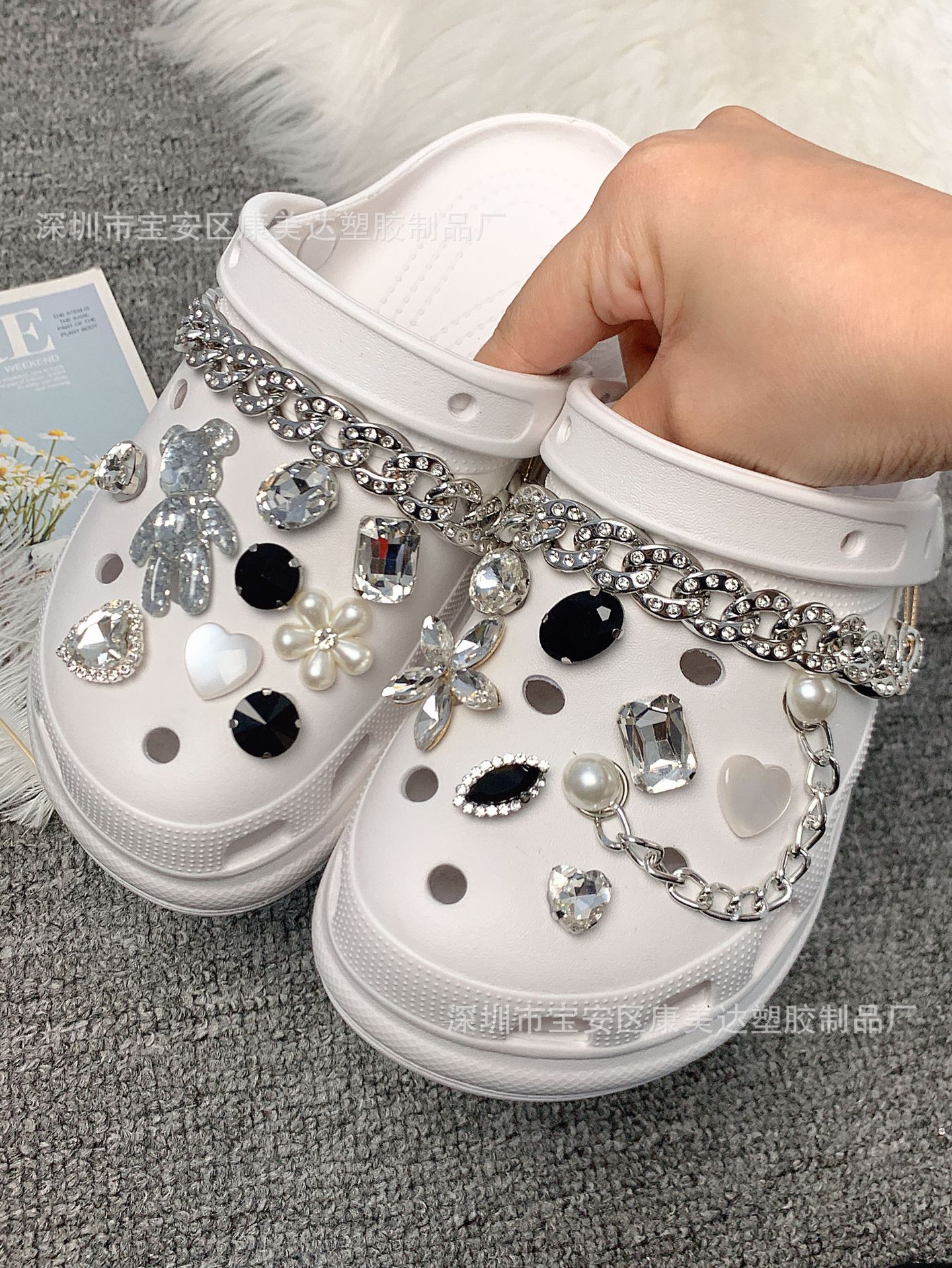 K135-Crystal 곰 다섯 잎 꽃 세트 실버 모조 다이아몬드 체인 (신발 제외)