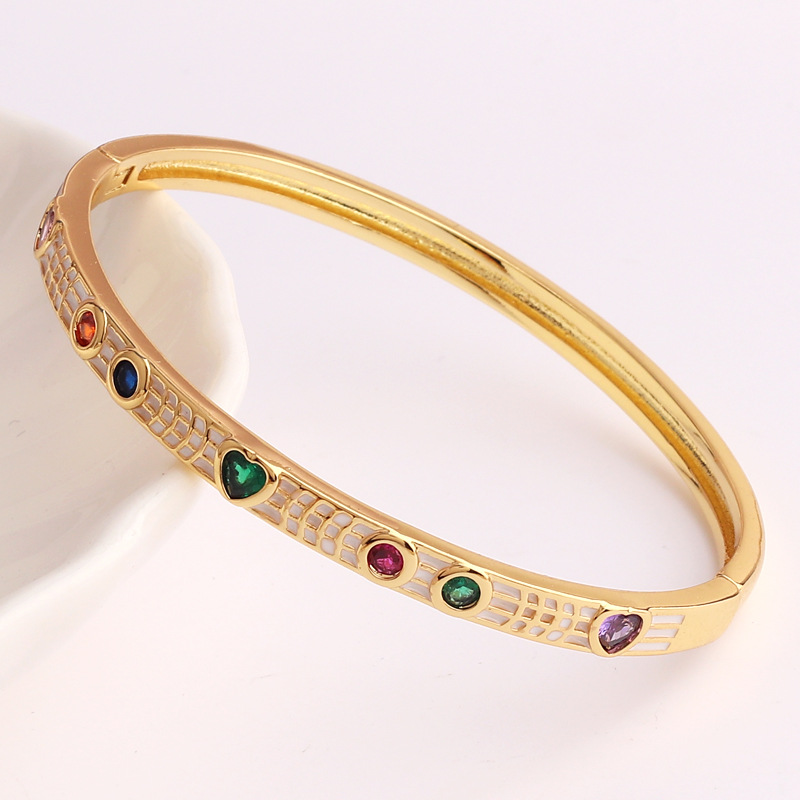 Retro Round Heart Shape Copper Enamel Zircon Bangle
