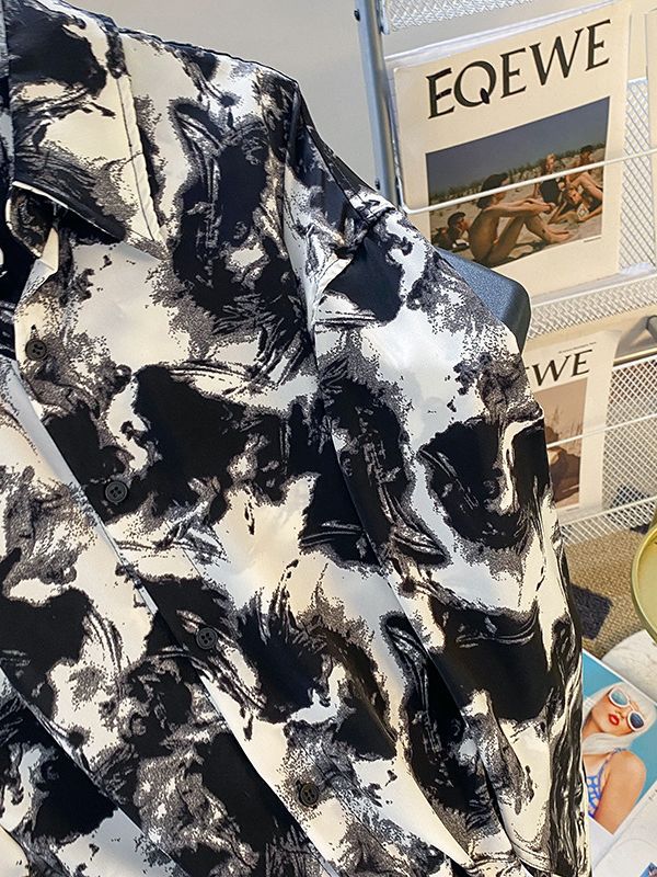 Camisa de verano para hombre de manga larga delgada drapeado camisa de protección solar sin planchar volantes guapo camisa impresa de pintura de tinta de alto grado
