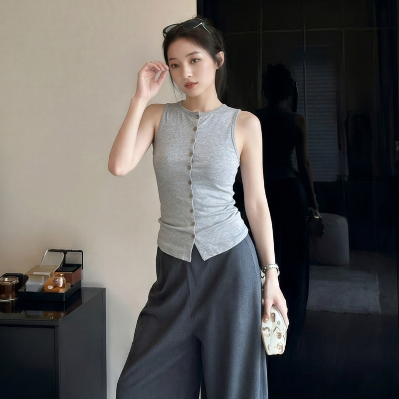 AI Real-time Pricing # Elegant single-breasted sleeveless T-shirt for women, summer simple and stylish design vest top AI Real-time Pricing # Elegant single-breasted sleeveless T-shirt for women, summer simple and stylish design vest top