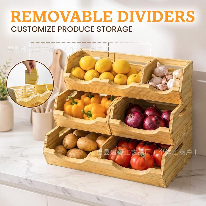 New wooden fruit and vegetable basket, kitchen vegetable storage basket, three-layer detachable multi-compartment storage basket for bathroom countertop organization New wooden fruit and vegetable basket, kitchen vegetable storage basket, three-layer detachable multi-compartment storage basket for bathroom countertop organization