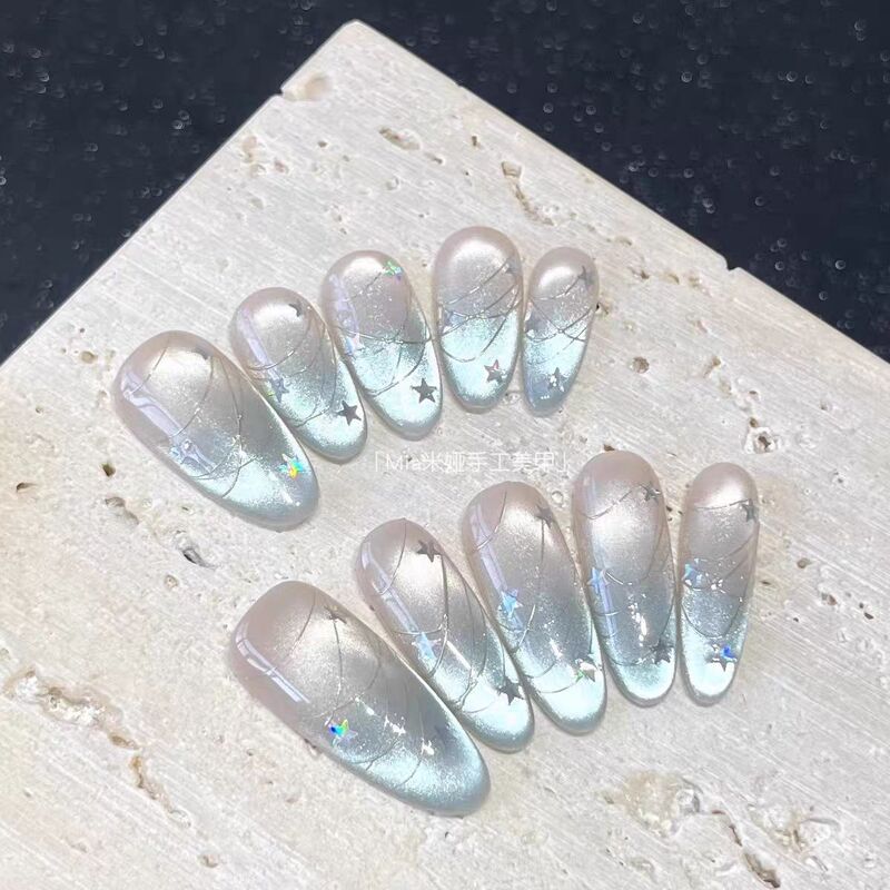 【White Moon Fairy Star】Blue dense cat-eye manicure, medium-long style, high-end, flattering, pure handmade press-on nails, new model 【White Moon Fairy Star】Blue dense cat-eye manicure, medium-long style, high-end, flattering, pure handmade press-on nails, new model