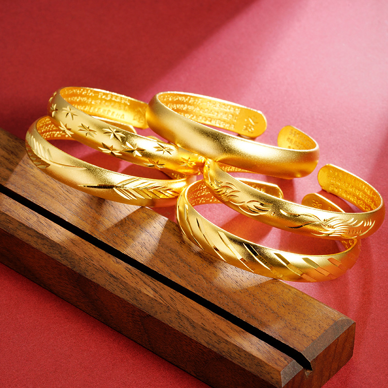 Pulsera vietnamita chapada en oro para mujer con diseño de dragón y fénix, motivo de cielo estrellado, estilo antiguo del Sutra del Corazón, aleación de cobre, realista, retención de color duradera, brazalete abierto ajustable.