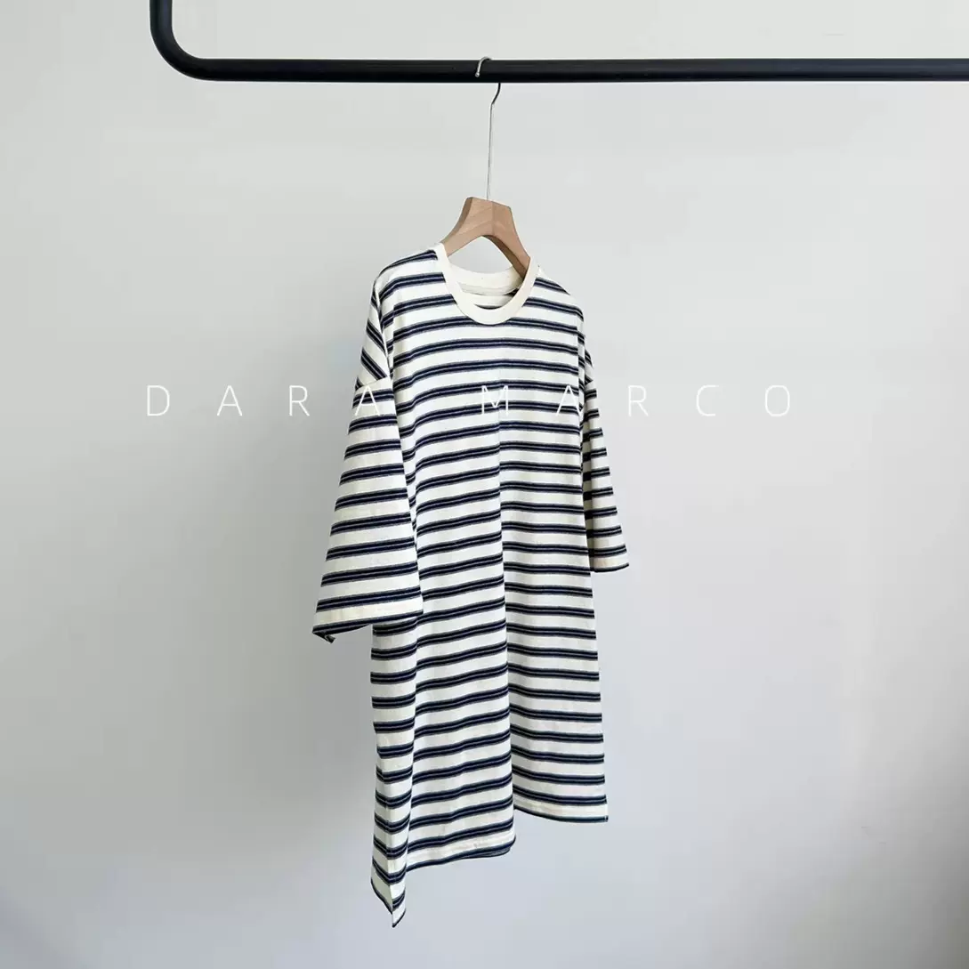 慵懒风条纹T恤~全棉宽松显瘦短袖打底撞色休闲百搭叠穿上衣女春夏