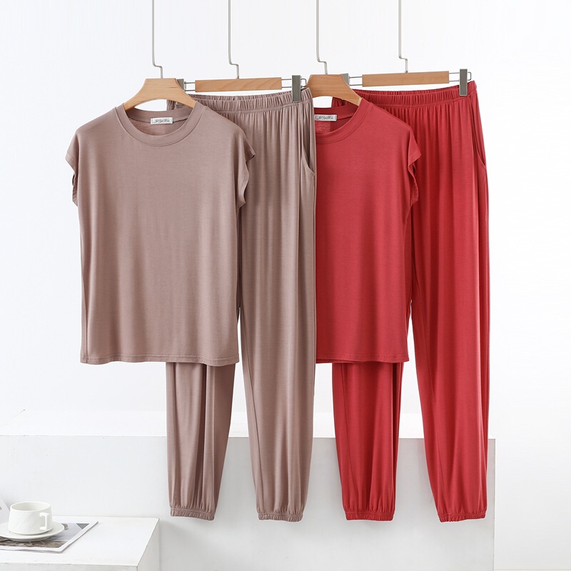 Modal Pajamas suit Women's Thin Home Clothes Two-Piece Outfit Sleeveless T-Shirt Loose Pocket Wide-Leg Pants Modal Pajamas suit Women's Thin Home Clothes Two-Piece Outfit Sleeveless T-Shirt Loose Pocket Wide-Leg Pants