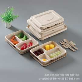 一次性四格饭盒纸浆餐盒可降解外卖打包盒三格4格5格甘蔗分格餐盘
