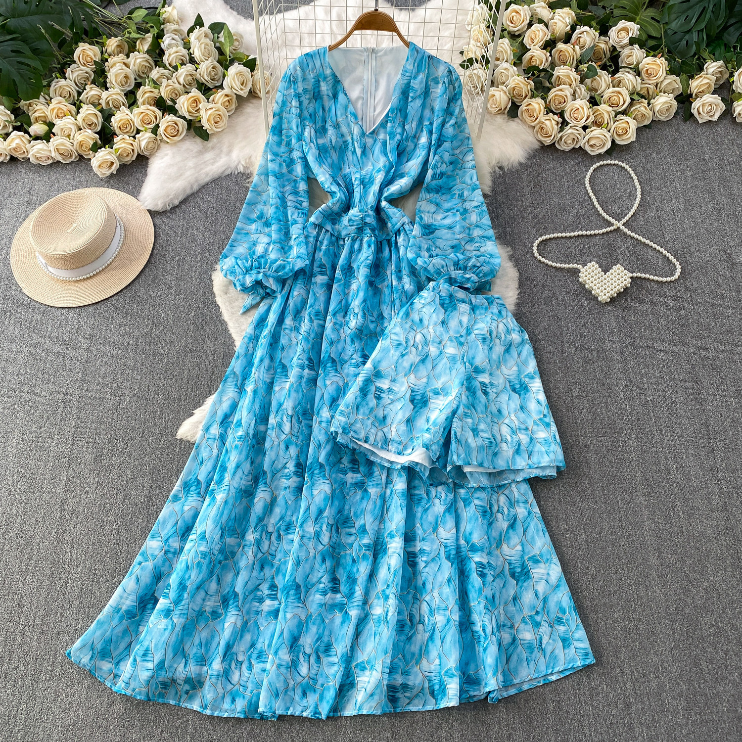 Women's French Style Chiffon Floral Print Dress Summer Korean Tie Waist Long Sleeve Slimming Maxi Dress Perfect With Leggings_ecoleips.com