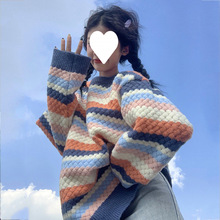 日系条纹毛衣女套头宽松外穿慵懒风复古软糯针织衫设计感小众春秋