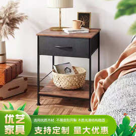 铁艺带抽屉双层床头柜实木床边桌边几卧室小户型收纳木质置物柜