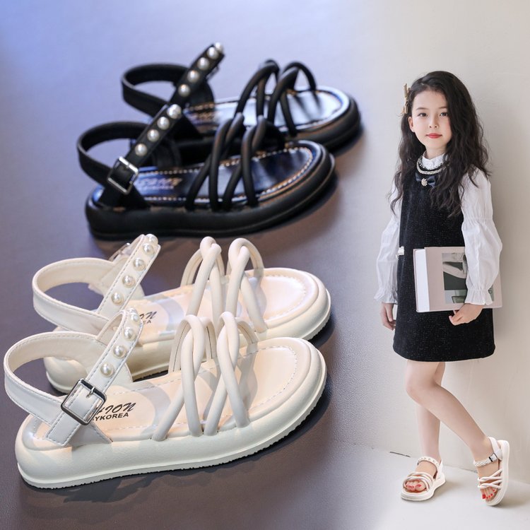 Niños sandalias de perlas cruzadas zapatos romanos de verano 2025 nuevo estilo coreano de moda universal zapatos casuales zapatos transpirables image 1