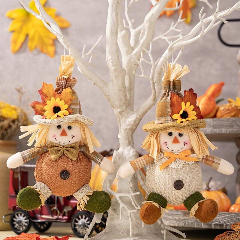 Harvest Season Boy and Girl Scarecrow Pendant Autumn Doll Maple Leaf Pendant Thanksgiving New Decoration