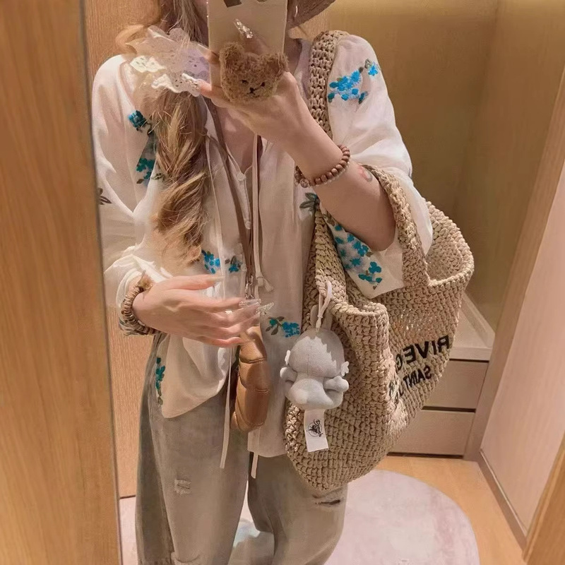 Nami Beige Heavy Embroidery Floral Thin Shirt Top for Women Spring and Summer Korean Style Loose Long-Sleeve Sun Protection Shirt