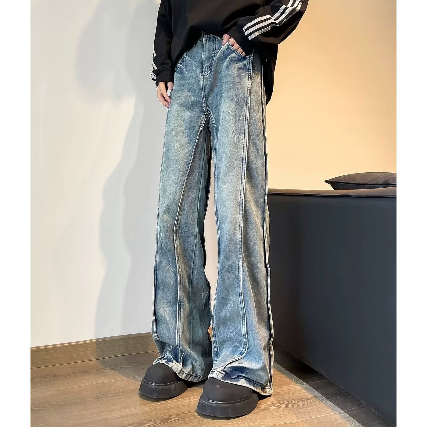Трансграничные американские ретро прямые брюки тяжелые стирание