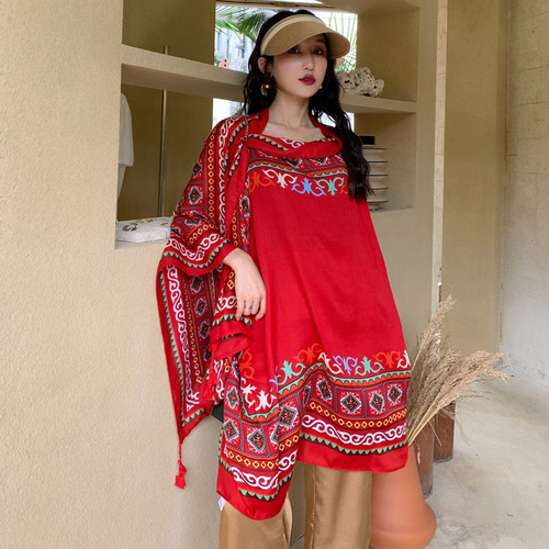 Ethnic style shawl scarf dual-use seaside sun protection beach silk scarf red large gauze scarf for women desert travel photo summer