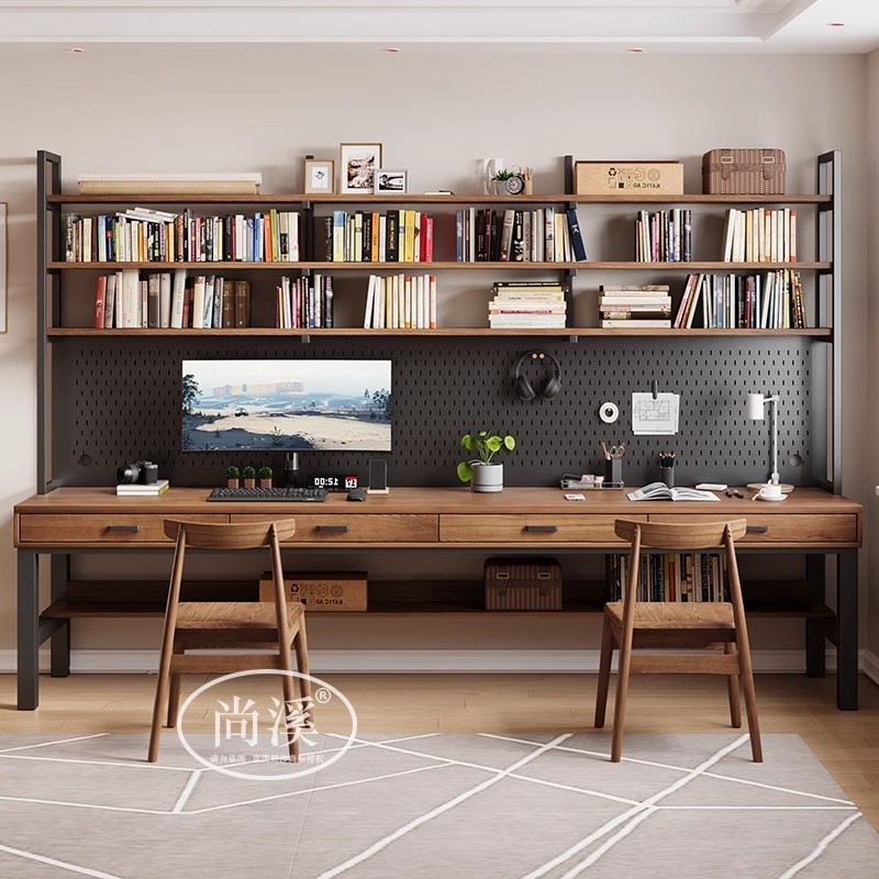 Solid Wood Long Table Desk Hole Board Bookshelf Integrated Computer Table Double Wall Study Table Student Home Study