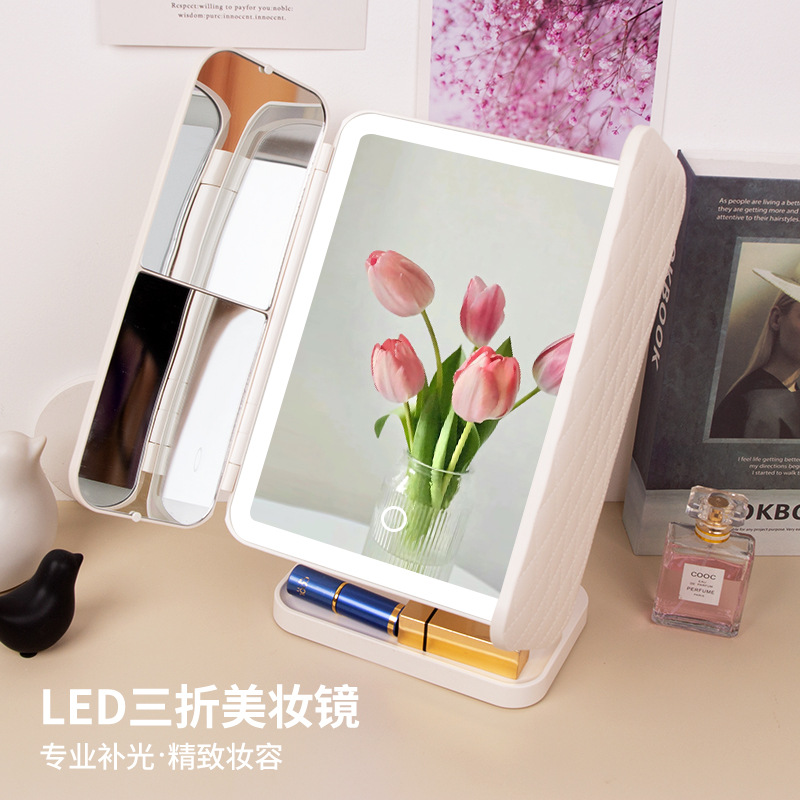 化妆镜带灯台式led发光桌面梳妆台补光折叠贝壳镜子轻奢礼物女生