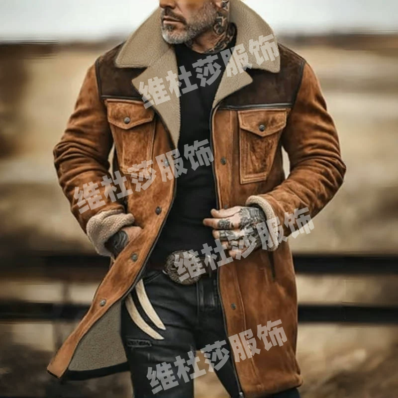 2024 Осеннее и зимнее мужское пальто утолщение длинная европейская замшевая куртка амазонка жакет на молнии