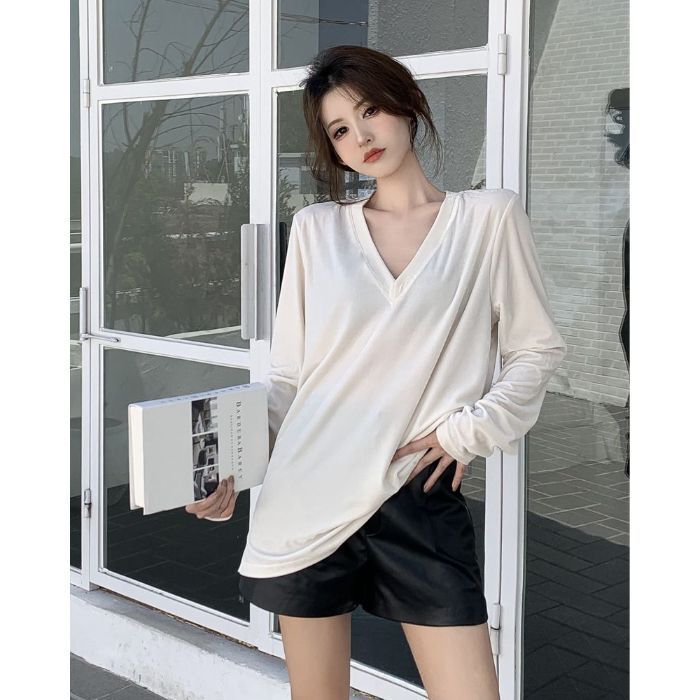 【自宅工場現物】vネック長袖ベルベットtシャツ女性気質ゆるい中長タイプのインナーシャツ上着|undefined