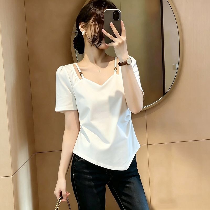 Áo thun nữ cổ vuông tay ngắn form rộng, thiết kế thắt eo che bụng cho người đầy đặn — màu đen, xanh lam, màu trắng, xanh lá cây chi tiết 4