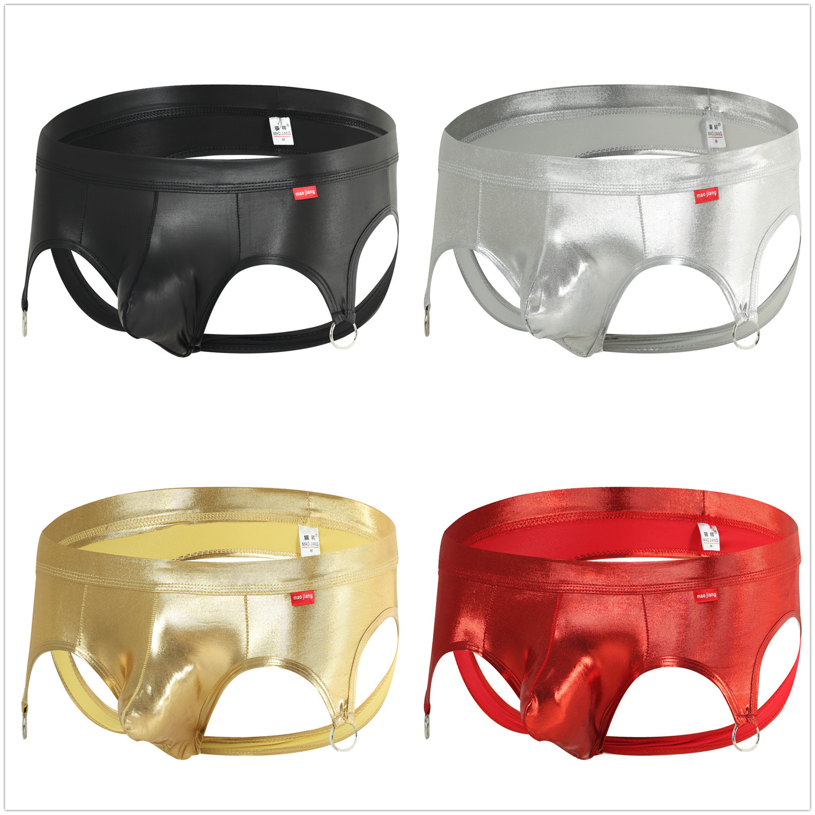 Cross-Border New Style Men's Patent Leather Double-Ring Thong Motorcycle Men's Backless Triangle Underwear 2317