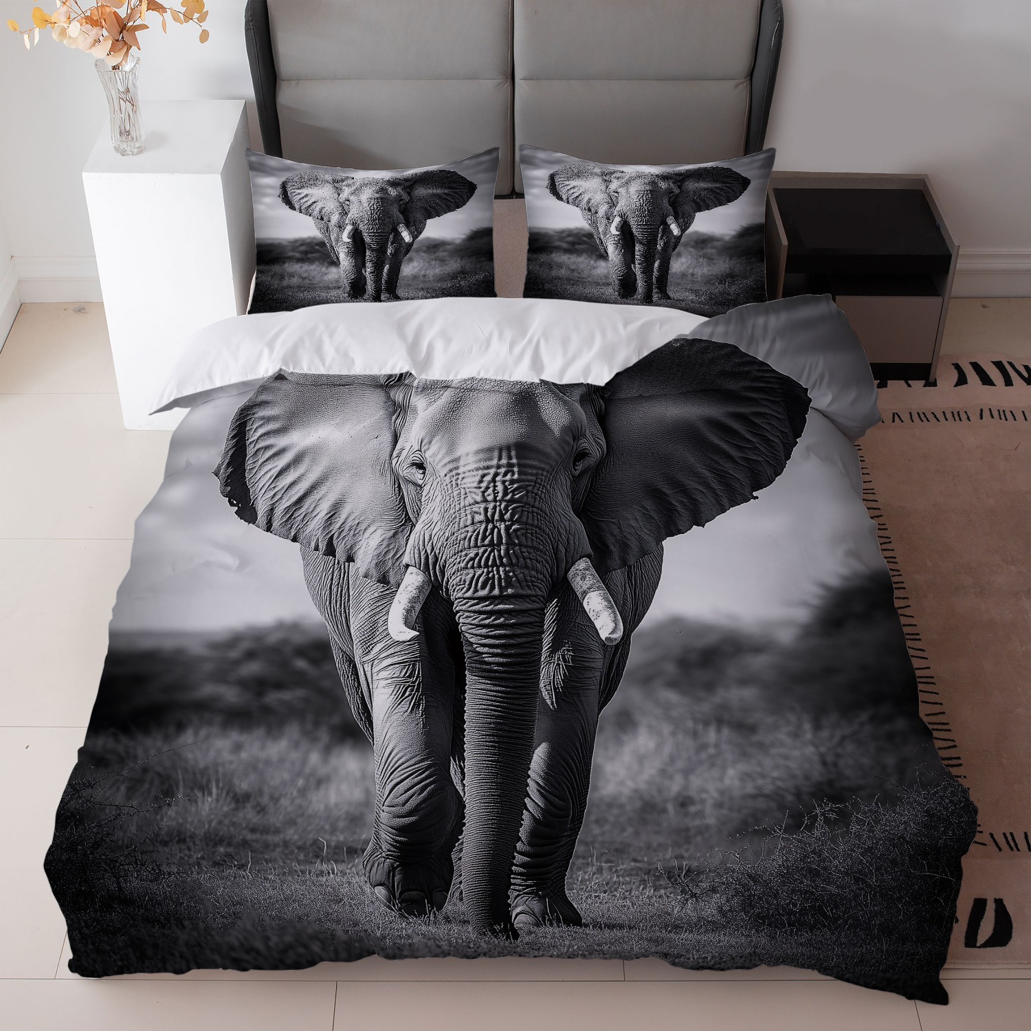 TEMU / JIT impresión digital abrasión oscuro elefante estilo animal set edredón para diseñar