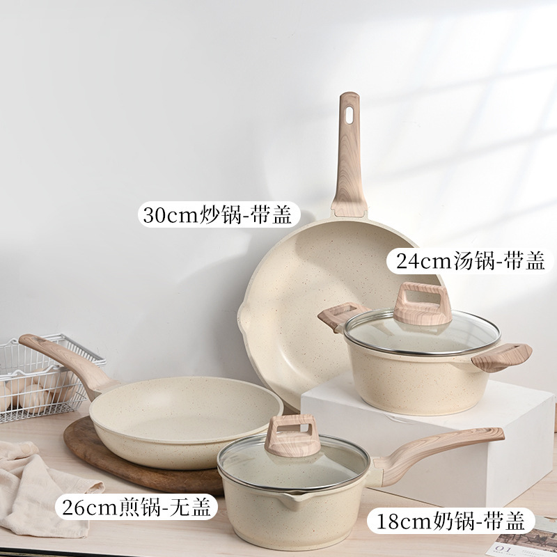 Juego de utensilios de cocina transfronterizo, juego doméstico de cuatro piezas, juego de utensilios de cocina de piedra de mármol, alto valor estético, integrado para cocinar al vapor y saltear, sartén antiadherente al por mayor