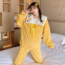 网红珊瑚绒睡衣女秋冬季娃娃领加厚保暖法兰绒家居服套装一件代发