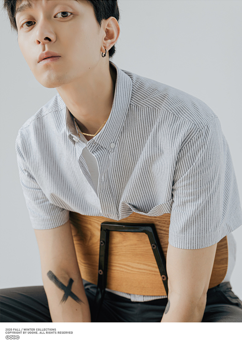 Áo sơ mi nam Oxford sọc dọc tay ngắn phong cách công sở — Phiên bản vừa vặn sọc xám ngắn tay chi tiết 21