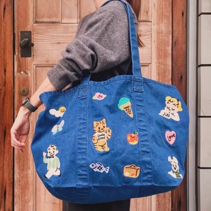 In-Stock Japanese-Style Cartoon Cute Harada Haruichi Embroidered Denim Shoulder Bag Casual Versatile Large-Capacity Tote Bag for Shopping