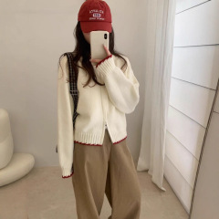 简约韩系双拉链毛衣开衫女秋冬撞色设计感宽松圆领针织衫外套G154
